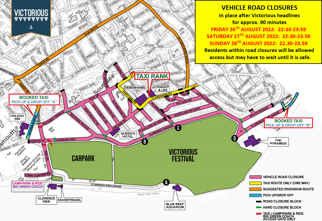Map showing temporary road closures for Victorious Festival